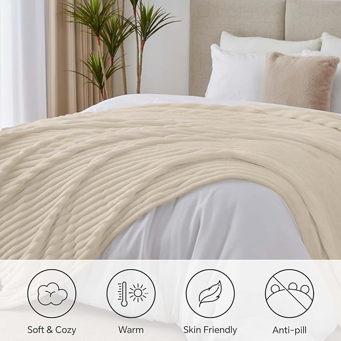 BEDELITE Full Size Blanket for Bed, 300GSM Soft & Warm Fleece Beige Blanket, Decorative and Giftable Striped Blankets for Women, Men, 84"x90"
