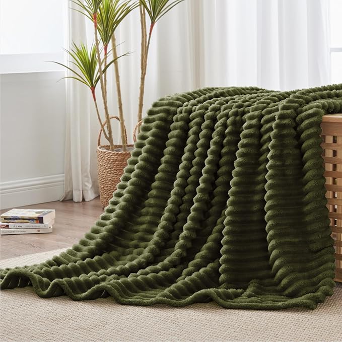 BEDELITE Twin Blanket for Couch & Bed, 300GSM Soft & Warm Fleece Blanket, Decorative and Giftable Striped Olive Green Blankets for Women, Men, 60"x80"