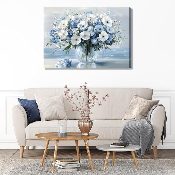 1Pcs Vintage Flowers Canvas Wall Art Blue Beach Pictures Blossom Bathroom Wall Decor Modern Blue Ocean Background Artwork Prints Hanging in Office Dining Room Kitchen Bedroom16X24in Frame (Blue Art, 16x24in, Framed)