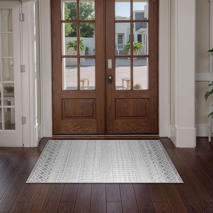 Moroccan Washable Area Rug, 2x4 Non-Slip Front Door Mat Indoor Entrance, Low-Pile Distressed Grey Rug Throw Rugs for Bedroom Kitchen Bathroom Laundry Room