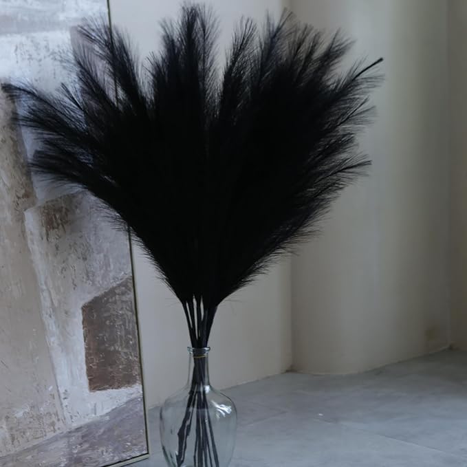 Faux Pampas Grass Tall, 9 PCS 43''/ 110 cm Large Black Pampas Grass Decor, Fake Pompas Branches, Long Feathers for Floor Vase, Boho Flower Arrangement for Home Wedding Decor (Black)