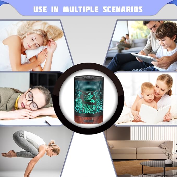 Metal Essential Oils Diffuser 150ML Aromatherapy Diffuser Cool Mist Humidifier with 7 Colors Lights Waterless Auto Off Air Diffusers as Gifts for Moms Women Girls (D-Hummingbird)