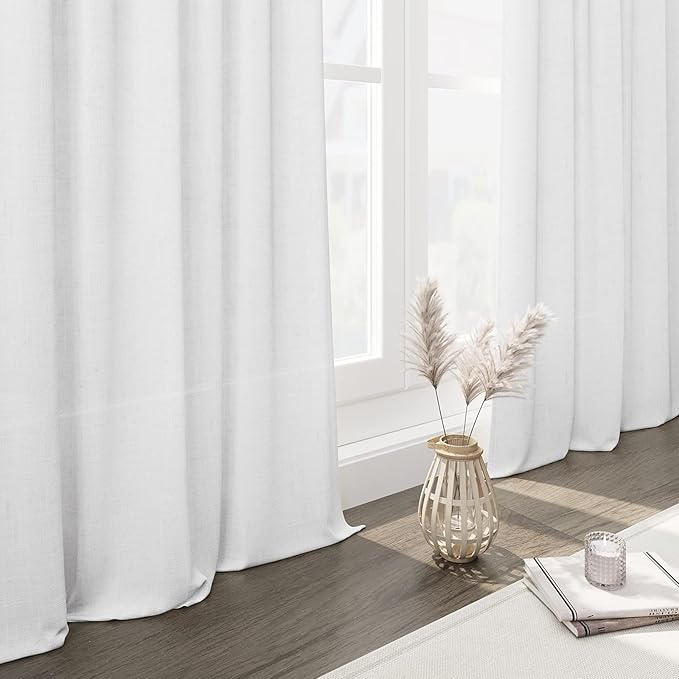 Nanspring White Linen Curtains 99 Inches Long 2 Panels Set Back Tab Rod Pocket Semi Sheer Light Filtering Window Curtain Drapes Modern Aesthetic Long Curtains for Living Room Bedroom Decor 52x99