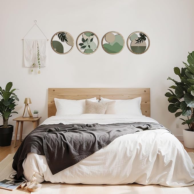 Qunclay 4 Pcs Boho Wall Art Bohemian Wooden Round Circle Wall Decor Hollow out Hanging Farmhouse Aesthetic for Bedroom Living Room Bathroom Bedroom Bathroom Patio Apartment Gift 10 Inch (Green)