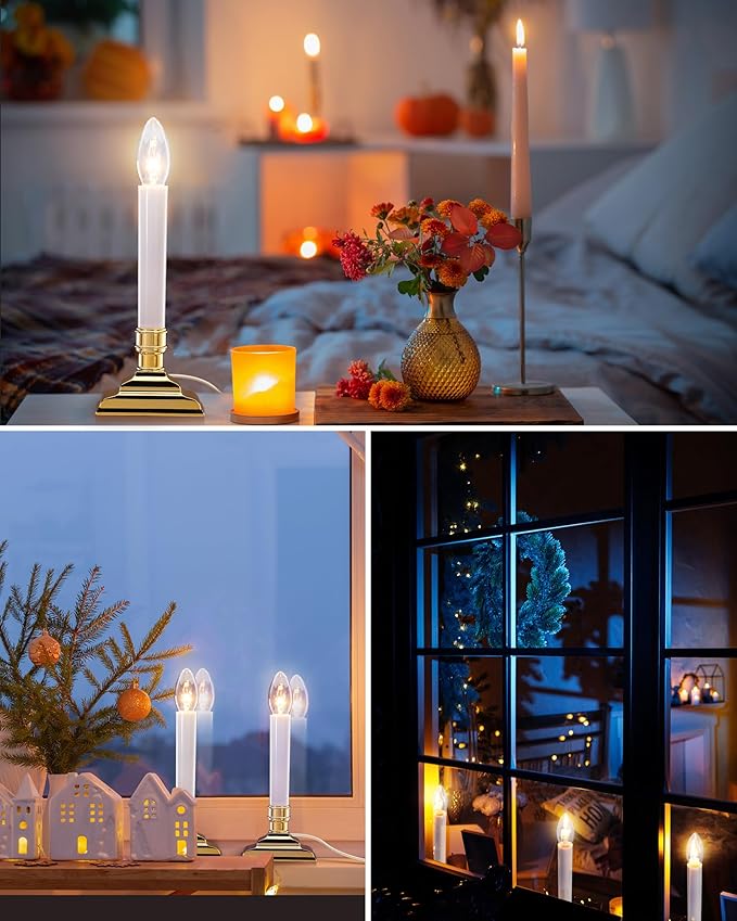 SURAIELEC 6 Pack Plug-in Window Candles, Dusk-to-Dawn Window Lights with Gold Candle Holders, Flameless Candlesticks for Christmas Window, Mantel, Dining Table, Gloss Gold, UL Listed