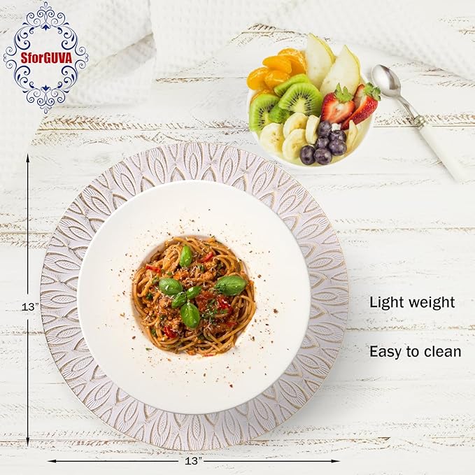 White Charger Plates, 13 Inch Set of 6 Plastic Peacock Chargers for Dinner Plates,Table Settings, Easter, Thanksgiving, Christmas Party, Family Gathering.