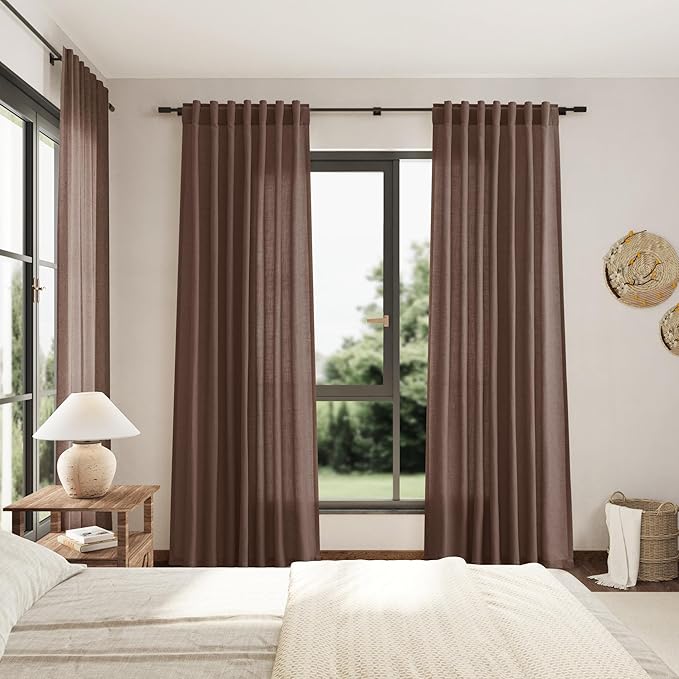 Mocha Mousse Curtains 84 Inch Length 2 Panels Set Back Tab Rod Pocke tLinen Blend Light Filtering Semi Sheer Textured for Neutral Farmhouse Living Room and Bedroom Decor 52x84