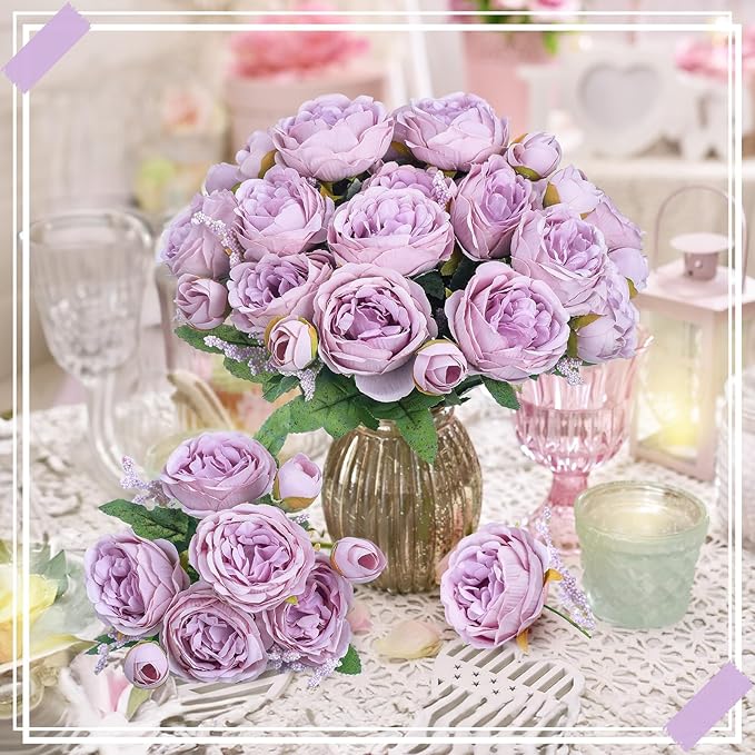 8 Bundles Artificial Peonies Flowers Boho Faux Flowers Arrangements Artificial Centerpiece Spring Bouquet Floral Wedding Decoration for Vase(Light Purple)