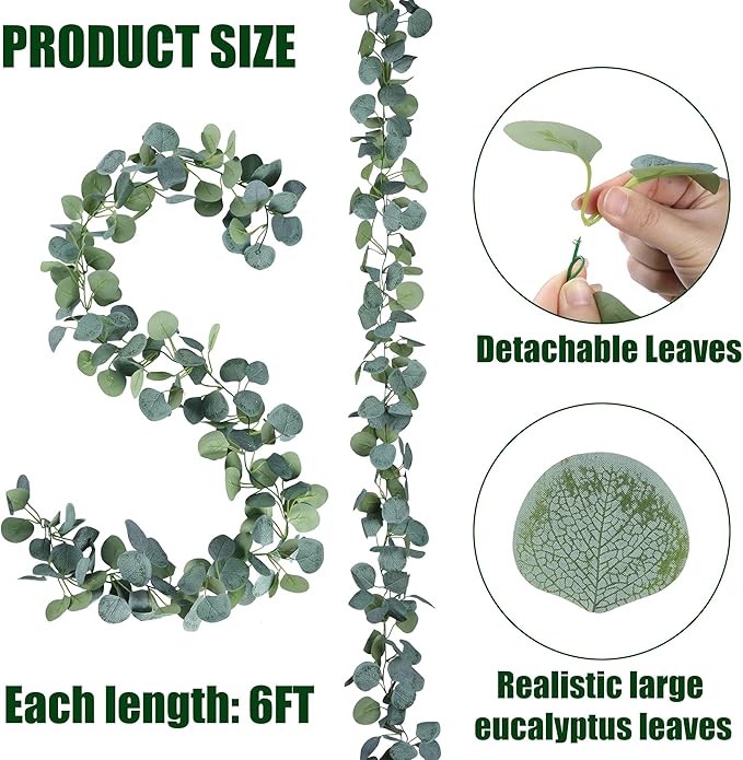 Sggvecsy 2 Pack Artificial Eucalyptus Garland Greenery Leaves Handmade 3D Silk Vines Silver Dollar Leaves Faux Leaf Plants for Wedding Wall Table Party Home Fireplace Bedroom Decor