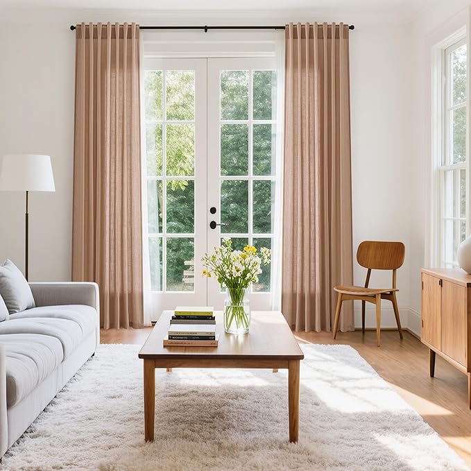 Nanspring Peach Linen Curtains 84 inches Long for Living Room Back Tab Luxury Light Filtering Privacy Sheer Curtain Modern Farmhouse Decor Boho Cotton Textured Gauze Drapes for Bedroom 2 Panels