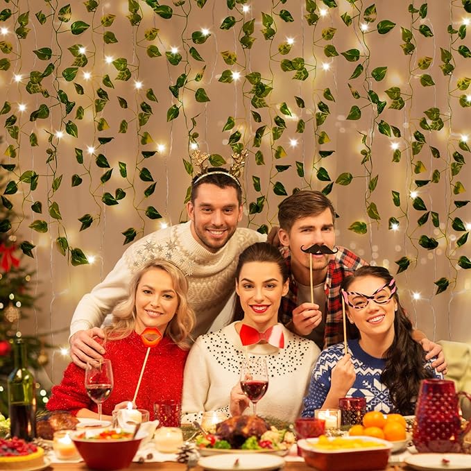 CEWOR 14 Pack 98ft Fake Ivy Vines, Artificial Ivy Garland with 100 LED String Lights, Hanging Plants Greenery Backdrop Green Leaves for Bedroom Room Wall Decor Wedding Party Table Decoration