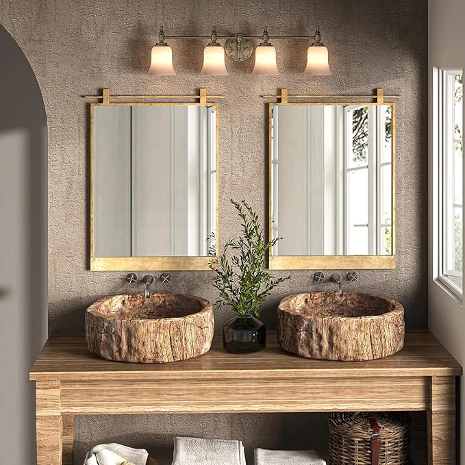 Gold Bathroom Mirror 20" x 28" Brushed Gold Rustic Rectangle Metal Framed Barn Door Farmhouse Bathroom Vanity Mirror for Over Sink, Foyer Entryway Decor