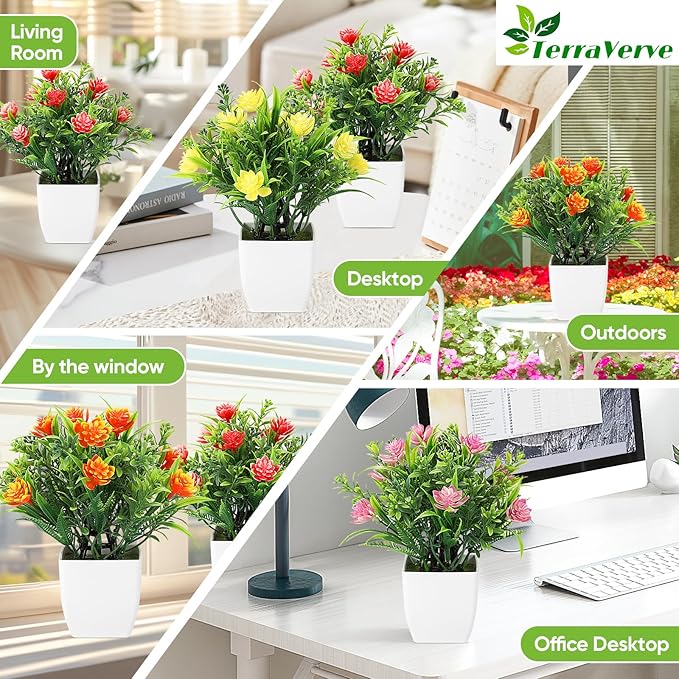 4-Pack Mini Faux Plants Spring-Inspired Artificial Flower Pots Indoor/Desk/Bathroom Decor Long-Lasting Greenery Gift Set