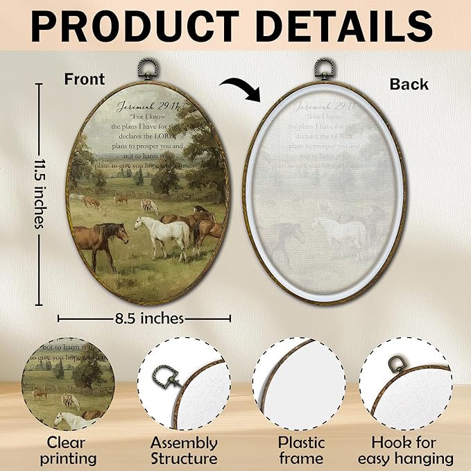 XFCICRLJ Christian Horse Wall Art Decor, Jeremiah 29:11 Bible Verse Oval Canvas Prints Framed, Rustic Religious Scripture Wall Art Decorations for Church Home Bedroom Living Room Decor, 11x8.5 Inch