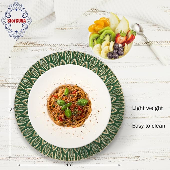 Green Charger Plates, 13 Inch Set of 6 Plastic Peacock Chargers for Dinner Plates,Table Settings, Easter, Thanksgiving, Christmas Party, Family Gathering.