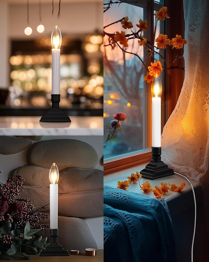 SURAIELEC 6 Pack Plug-in Window Candles, Dusk-to-Dawn Window Lights with Black Candle Holders, Flameless Candlesticks for Christmas Window, Mantel, Dining Table, Matte Black, UL Listed