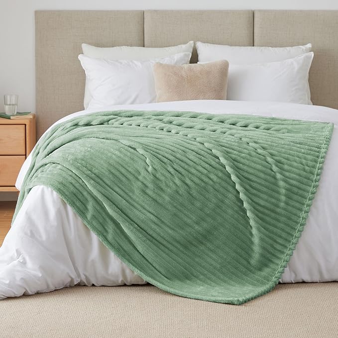 BEDELITE Fleece Throw Blanket for Couch - 300GSM Soft & Warm Fluffy Green Blanket, Decorative and Giftable Striped Blankets for Women, Men, 50"x60"