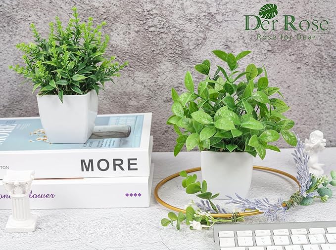 Der Rose 2 Pack Fake Plants Small Faux Artificial Small Potted Plants Indoor for Room Home Office Farmhouse Bathroom Decor