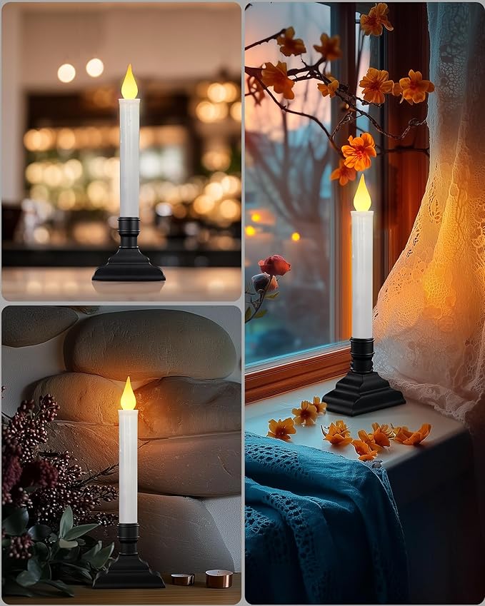 SURAIELEC Battery Operated Christmas Window Candles, Dusk-to-Dawn Window Candle with Removable Candle Holders, LED Flameless Candlesticks for Christmas Window, Mantel, Dining Table, Black, 8-Pack