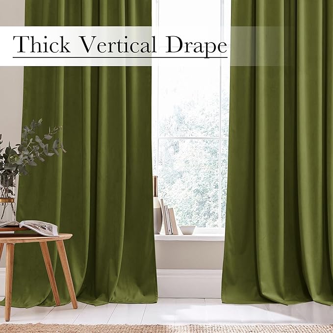 StangH Olive Green Curtains 92 inches Long Christmas Soft Velvet Room Darkening Thermal Insulated Window Drapes Back Tab Luxury Decor for Bedroom Living Room, W52 x L92, 2 Panels