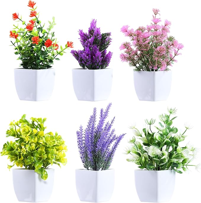 6 Pack Fake Plants Mini Artificial Greenery Potted Plants for Home Decor Indoor Office Table Room Farmhouse Bathroom Decor (Mixed Color)