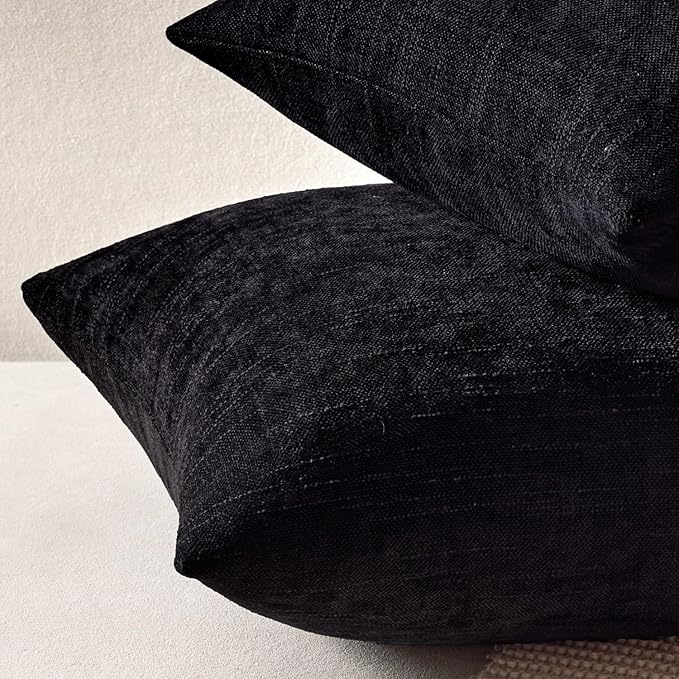 ANRODUO Pack of 2 Decorative Textured Throw Pillow Covers Soft Black Euro Square Accent Solid Chenille Cushion Cover Cozy Farmhouse Pillow Case for Couch Sofa Bedroom Living Room Home Decor 24x24 Inch