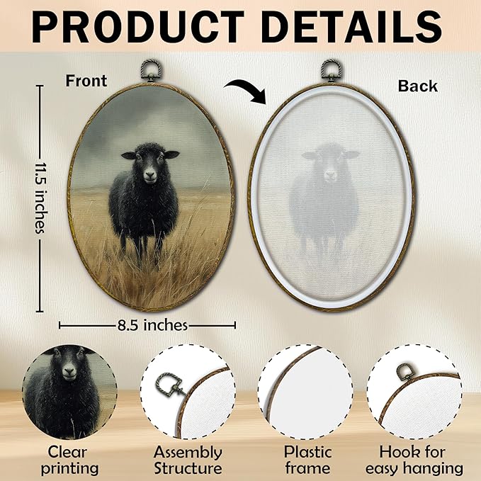 XFCICRLJ Vintage Farmhouse Black Sheep Wall Art Decor, Rustic Cottagecore Sheep Oval Canvas Prints Framed, Countryside Farm Animal Wall Art Decorations for Home Bedroom Living Room Decor, 11x8.5 Inch