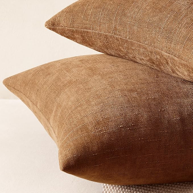 ANRODUO Pack of 2 Decorative Textured Throw Pillow Covers Soft Bronze Euro Square Accent Solid Chenille Cushion Cover Cozy Farmhouse Pillow Case for Couch Sofa Bed Living Room Home Decor 24x24 Inch
