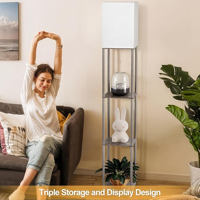 Floor Lamp with Shelves for Living Room Oak Gray, Shelf Floor Lamp with 3 CCT LED Bulb, Corner Display Standing Column Lamp Etagere Organizer Tower Nightstand with White Linen Shade for Bedroom Office