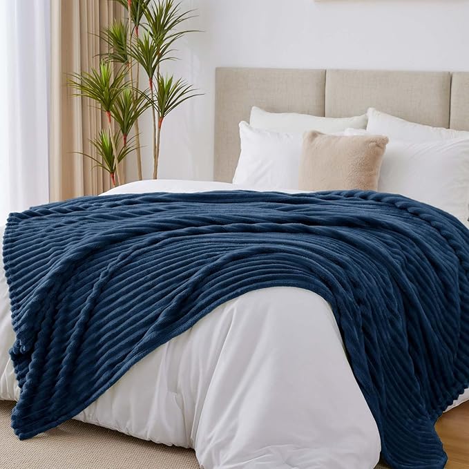 BEDELITE Full Size Blanket for Bed, 300GSM Soft & Warm Fleece Navy Blanket, Decorative and Giftable Striped Blankets for Women, Men, 84"x90"