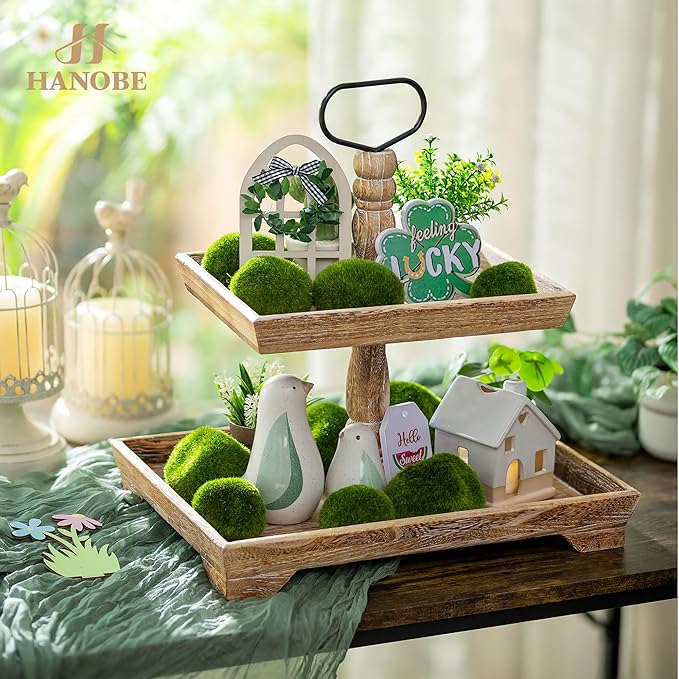 Hanobe Tiered Tray for Table Decor: 2 Tier Serving Stand Farmhouse Decorative Tray for Coffee Bar Centerpiece Rectangle Wood Display Stands Kitchen Counter (Rustic Brown)