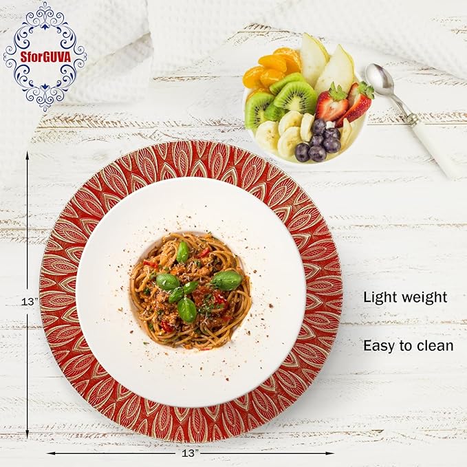 Red Charger Plates, 13 Inch Set of 6 Plastic Peacock Chargers for Dinner Plates,Table Settings, Easter, Thanksgiving, Christmas Party, Family Gathering.