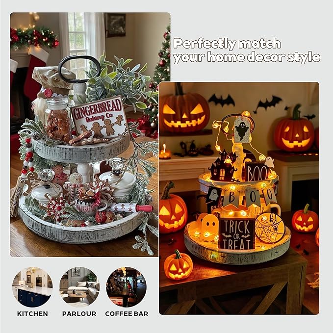 2-Tiered Round Wooden Tray Stand, Rustic Farmhouse Tiered Serving Tray for Home Decor Kitchen & Coffee Bar Centerpiece, Vintage White Wood 2-Tier Display Stand for Desserts, Cupcakes and More (White)