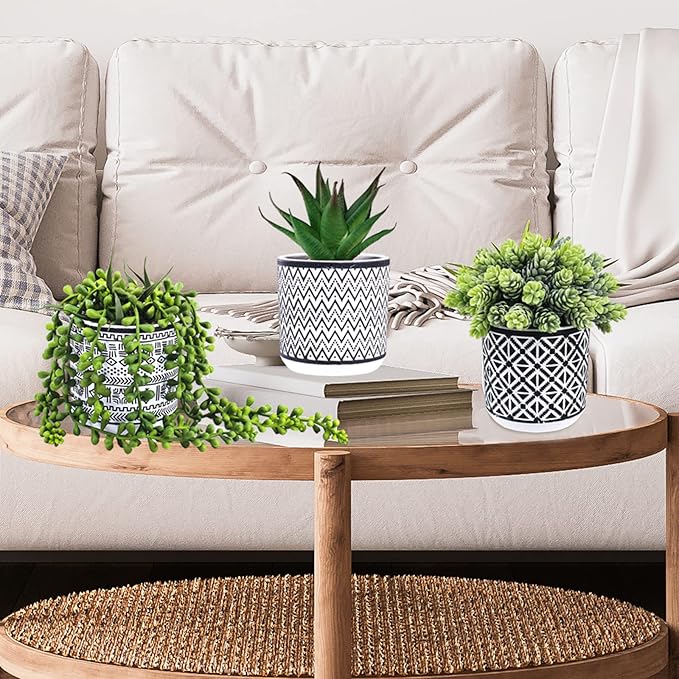 Winlyn 3 Pcs Small Potted Succulents Plants Artificial String of Pearls Aloe Hops Succulents in Black Geometric Concrete Pots for Gifts Modern Home Bathroom Window Table Indoor Outdoor Greenery Décor