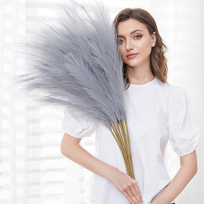 Faux Pampas Grass, Set of 9 Stems 37'' Tall Fluffy Fake Pompas Floral, Large Artificial Pompous Branches for Floor Vase Fillers, Pompas Decorativas, Boho Farmhouse Wedding Home Decor(Grey)