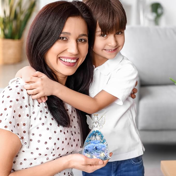 Christmas Rose Gifts for Women Preserved Real Flower in Glass Angel Figurines Roses for Delivery Prime Birthday Gifts for Mom Grandma Girlfriend Wife Her, Sky Blue