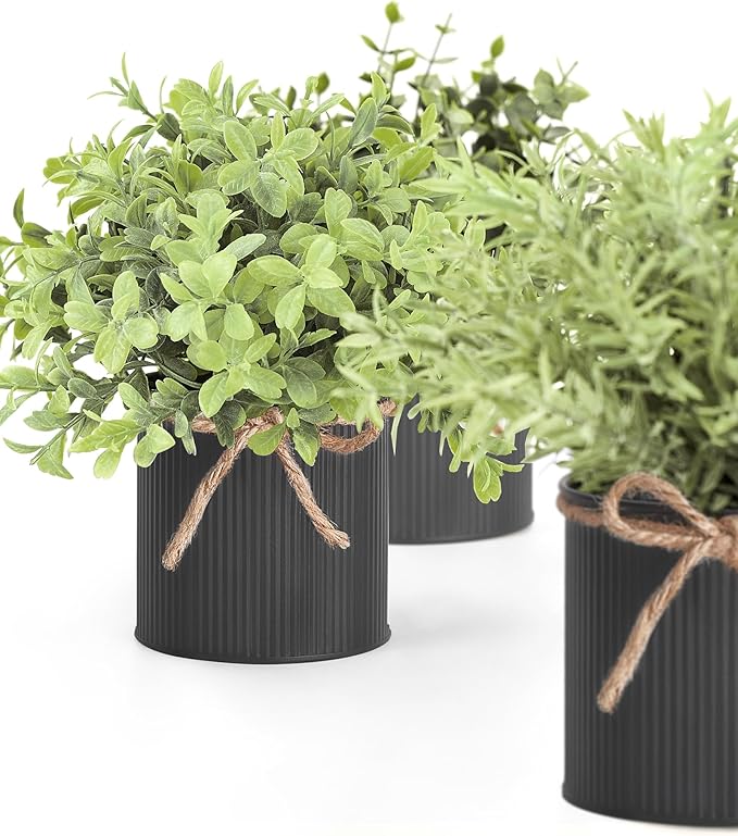 Mkono 3 Pack Small Fake Plants in Black Galvanized Metal Pots Artificial Eucalyptus Plants for Christmas Decorations Shelf Desk Home Farmhouse Room Coffee Table Bathroom Decor
