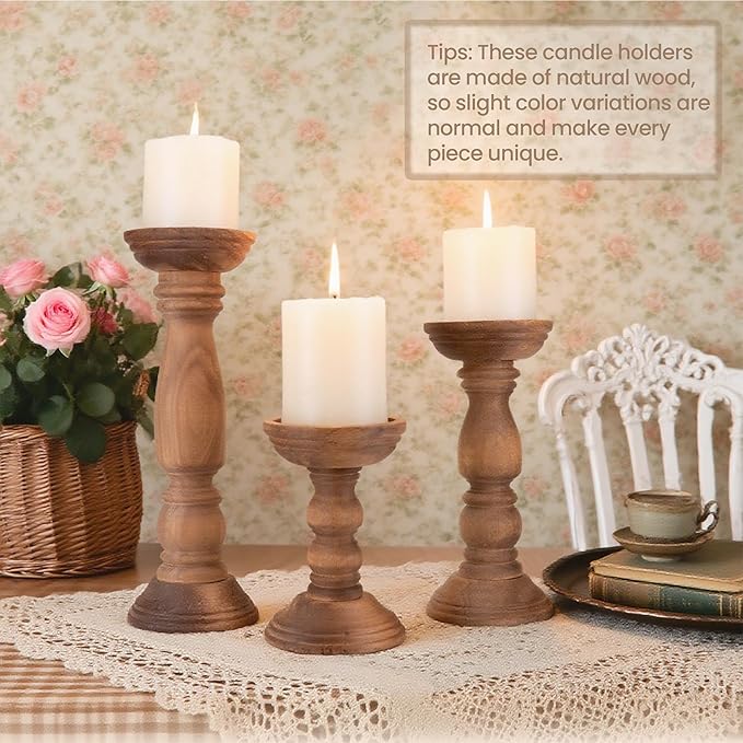 Farmhouse Wooden Candle Holders for Pillar Candles Set of 3, Rustic Wood Candle Holder Table Centerpiece Decor, 12'' 9'' 6'' Vintage Tall Candle Stand Decorative, Brown