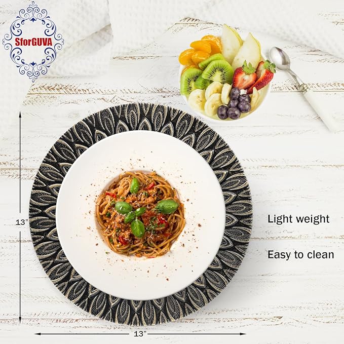 Black Charger Plates, 13 Inch Set of 6 Plastic Peacock Chargers for Dinner Plates,Table Settings, Easter, Thanksgiving, Christmas Party, Family Gathering.