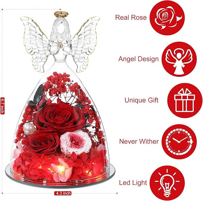 Christmas Rose Gifts for Women Preserved Real Flower in Glass Angel Figurines Roses for Delivery Prime Birthday Gifts for Mom Grandma Girlfriend Wife Her,Red Pink Austin Roses