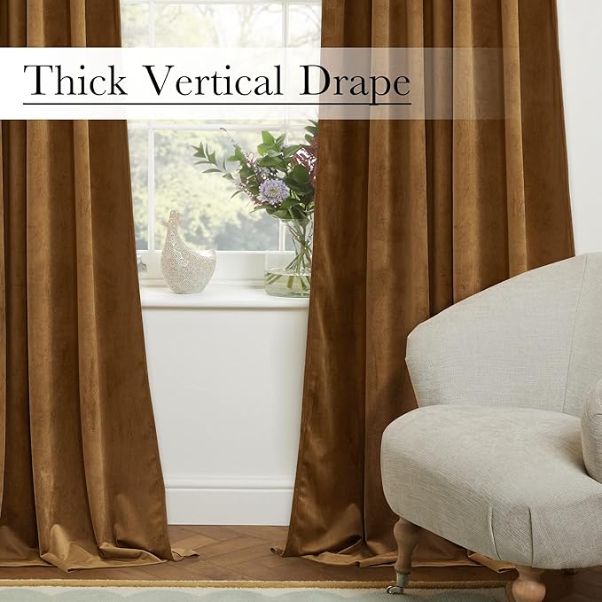 StangH Gold Brown Velvet Curtains 96 inches Long for Living Room, Luxury Back Tab Heavy Blackout Thermal Insulated Privacy Window Drapes for Bedroom/Sliding Door/Hall, W52 x L96, 2 Panels