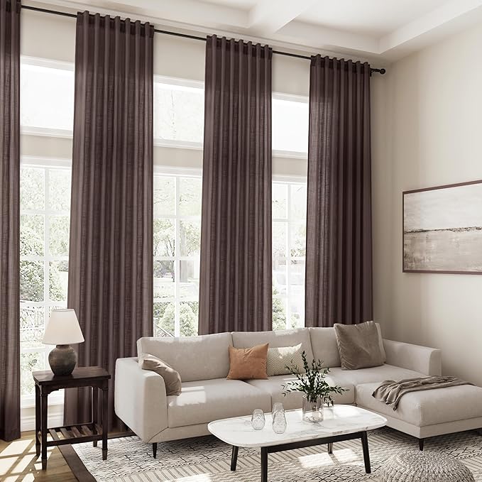 Coffee Linen Textured 96 Inch Curtains 2 Panel Set Back Tab Rod Pocket Sheer Light Filtering Boho Room Decor Aesthetic Curtains Burlap Look Curtain Drapes for Living Room Bedroom 8Ft 52x96 Inch