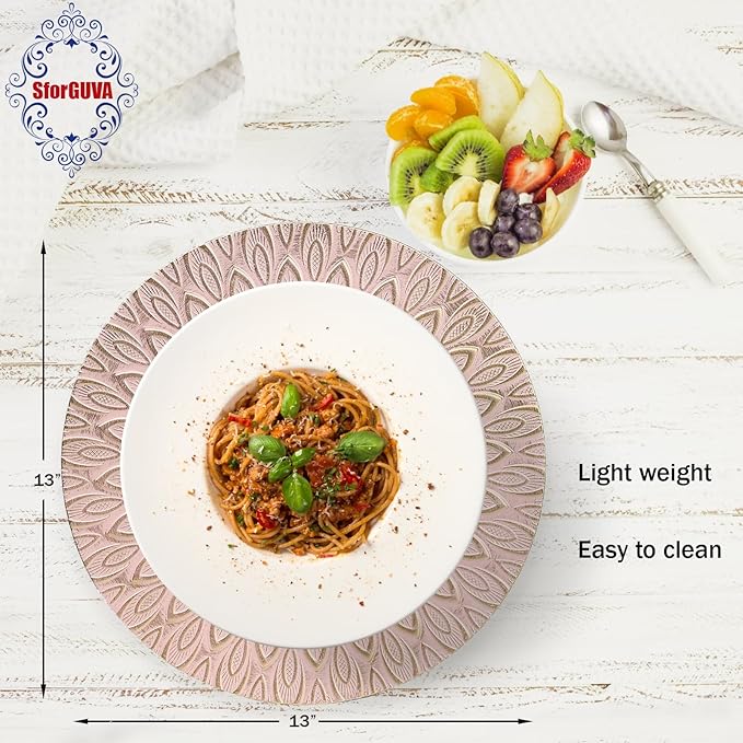 Pink Charger Plates, 13 Inch Set of 6 Plastic Peacock Chargers for Dinner Plates,Table Settings, Easter, Thanksgiving, Christmas Party, Family Gathering.