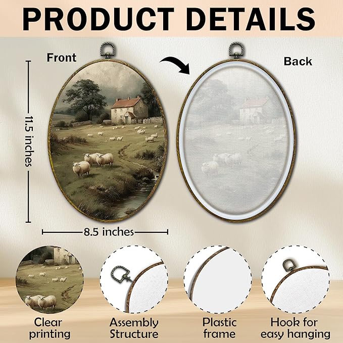 XFCICRLJ Vintage Easter Rustic Sheep Wall Art Decor, French Country Landscape Oval Canvas Prints Framed, Countryside Nature Sheep Wall Art Decorations for Home Bedroom Living Room Decor, 11x8.5 Inch