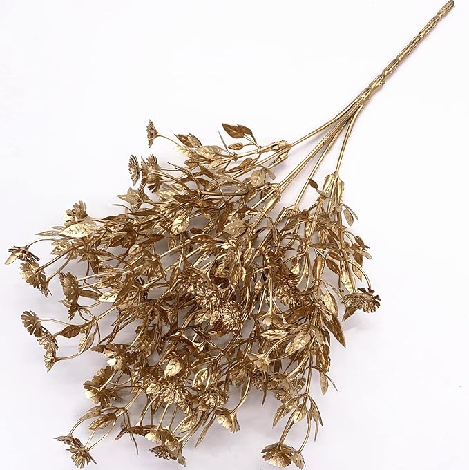 PASYOU Artificial Gold Flowers, Plastic Simulation Plants Golden Daisy Leaves Faux Shrubs for Indoor Outdoor Home Garden Planter Filler Party Hotel Verandah Wedding DIY Decoration 4 Pack