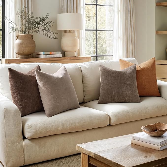 ANRODUO Pack of 2 Decorative Textured Throw Pillow Covers Soft Taupe Grey Euro Accent Solid Chenille Cushion Cover Cozy Farmhouse Pillow Case for Couch Sofa Bedroom Living Room Home Decor 22x22 Inch