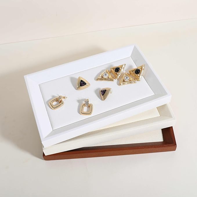 Gemehou Faux PU Leather Jewelry Viewing Tray, Stackable Jewelry Plate, Rectangle Jewelry Showcase, Empty Jewelry Tray for Necklace Bracelet Ring Earring Watch (White-Small, 9.1 x 5.9 in)
