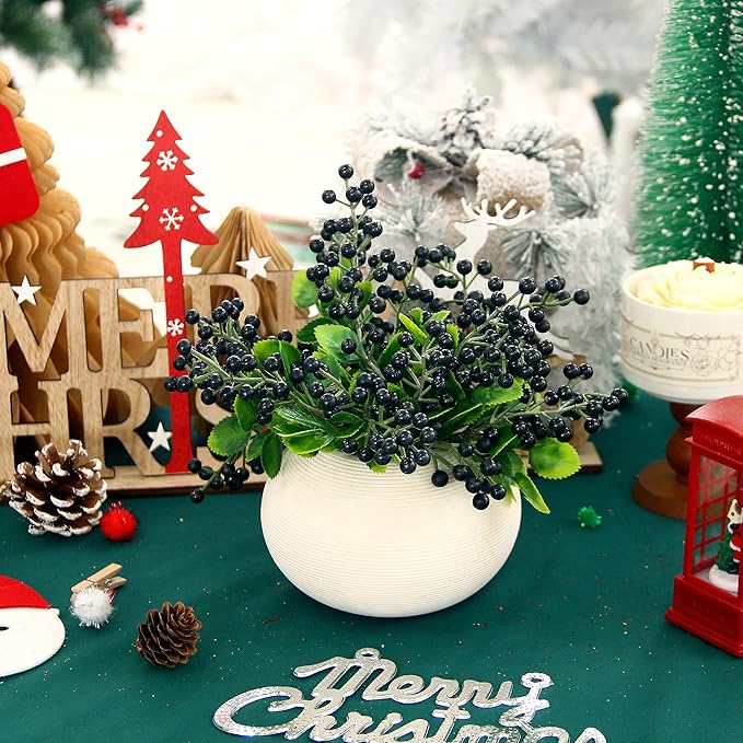 Felice Arts 6 Pack Artificial Black Berry Stems Fake Holly Berries Halloween Picks for Xmas Tree Ornaments DIY Wreath Vase Holiday Home Decor