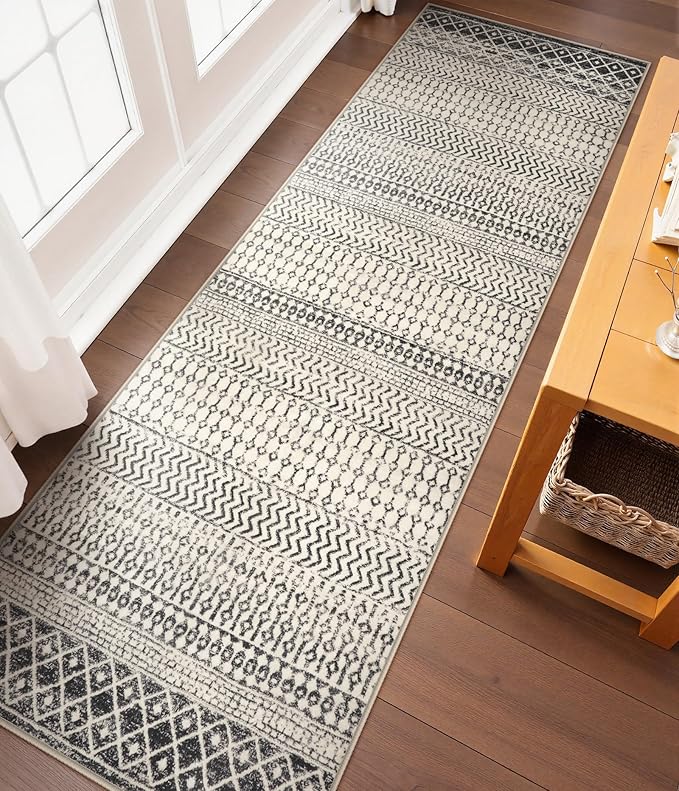 Washable Runner Rugs for Hallway 2'6"x10',Soft Non Slip Moroccan Black Area Rug,Low Pile Long Kitchen Runner Rug Carpet Runners for Entrance Bedroom Living Room