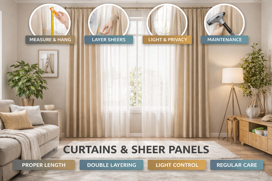 Bright living room window styled with layered white sheer panels and beige linen curtains on a bronze rod, allowing soft natural light into a neutral interior setting